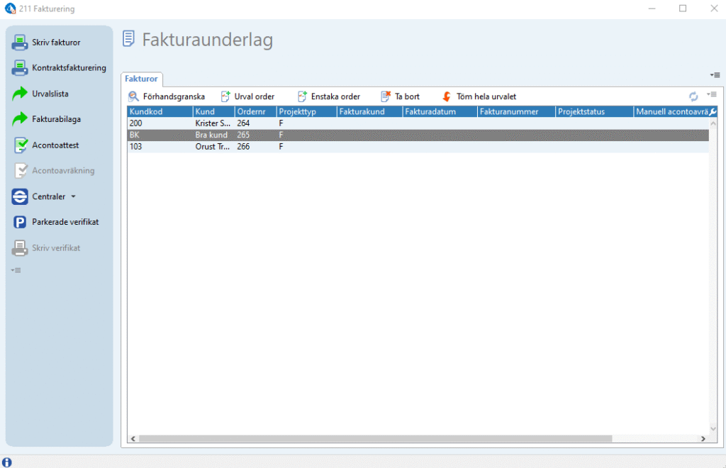 Fakturering i rutin 211 som hör till faktureringsmodulen i Pyramid